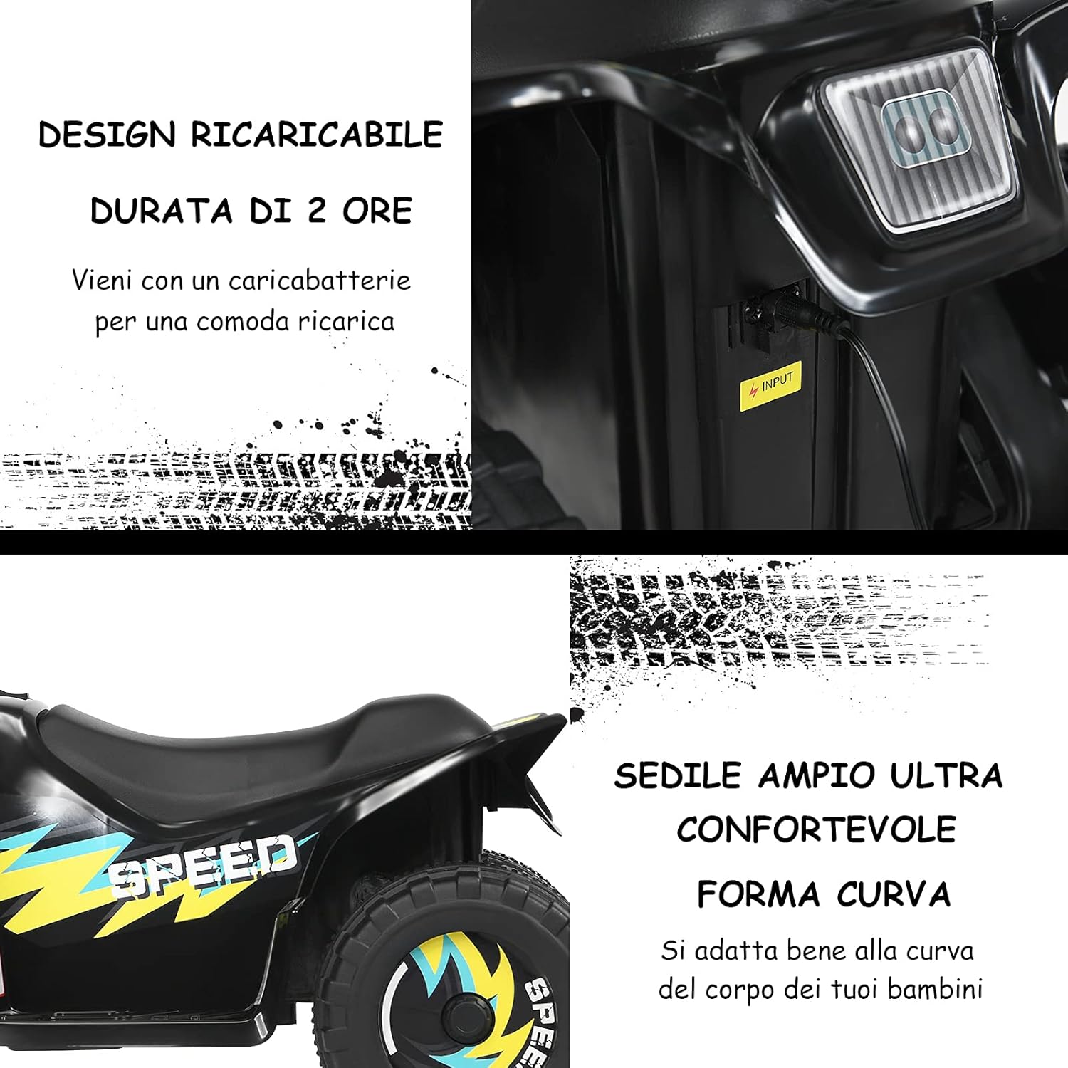 6V Quad Elettrico per Bambini con Batteria, Mini Quad con Funzione Avanti/Indietro, Velocità Massima 4,6 km/h (Nero)
