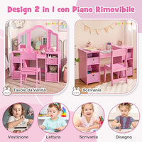 Toeletta Trucco 2 in 1 per Bambina, Specchiera Staccabile per Ragazza in Legno Robusto con 4 Cassetti in Tessuto, Sgabello e Specchio, Postazione Trucco per 3 Anni, 104 x 40 x 117 cm (Rosa)