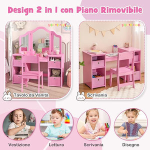 Toeletta Trucco 2 in 1 per Bambina, Specchiera Staccabile per Ragazza in Legno Robusto con 4 Cassetti in Tessuto, Sgabello e Specchio, Postazione Trucco per 3 Anni, 104 x 40 x 117 cm (Rosa)