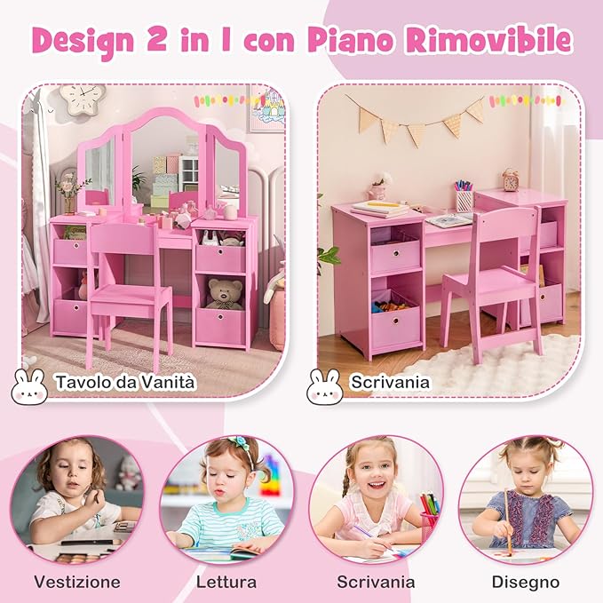 Toeletta Trucco 2 in 1 per Bambina, Specchiera Staccabile per Ragazza in Legno Robusto con 4 Cassetti in Tessuto, Sgabello e Specchio, Postazione Trucco per 3 Anni, 104 x 40 x 117 cm (Rosa)