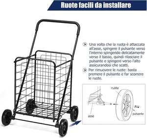 Carrello Portaspesa Pieghevole, Carrello Spesa con Ruote, Capacit¨¤ di Carico: 45 kg, 83L, 57 x 58 x 91 cm (Nero)