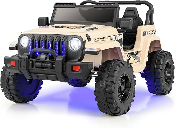 12V Auto per Bambini con Telecomando, Macchina Elettrica con 2 Posti Musica Porta USB e Luce, Velocità Regolabile 2,6-6km/h, per 3-8 Anni (Cachi)