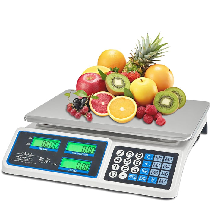 Bilancia Elettronica Professionale da Banco per Alimenti - Bilancia Digitale con 7 Tasti di Memoria e Piatto in Acciaio Inox e Schermo LCD con Prezzo