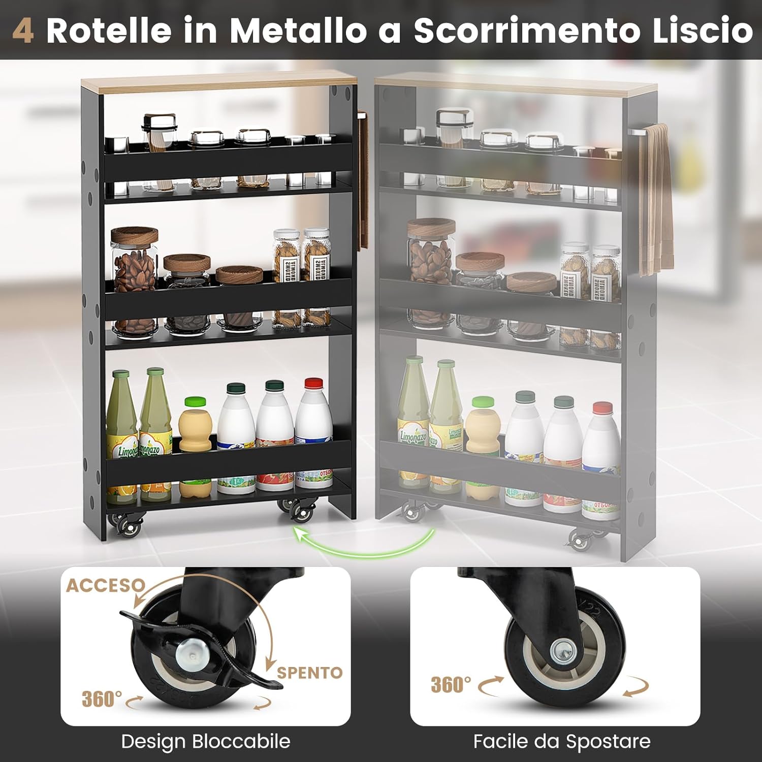 Carrello Portaoggetti da Cucina, Scaffale con Maniglia Laterale e Ruote, Carrello Salvaspazio con 3 Scaffali Stretti, 47,5x13x80,5 cm (Naturale+Nero)