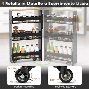 Carrello Portaoggetti da Cucina, Scaffale con Maniglia Laterale e Ruote, Carrello Salvaspazio con 3 Scaffali Stretti, 47,5x13x80,5 cm (Naturale+Nero)