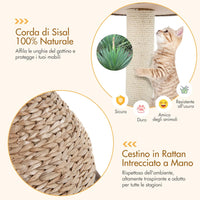 Tiragraffi per Gatti Piccoli, Tiragraffi Gatto con Cuccia, Piattaforma, Pallina e Palo Tiragraffi in Sisal Naturale, Albero Tiragraffi da Divano, Salotto e Camera da Letto, 48 x 48 x 70,5 cm