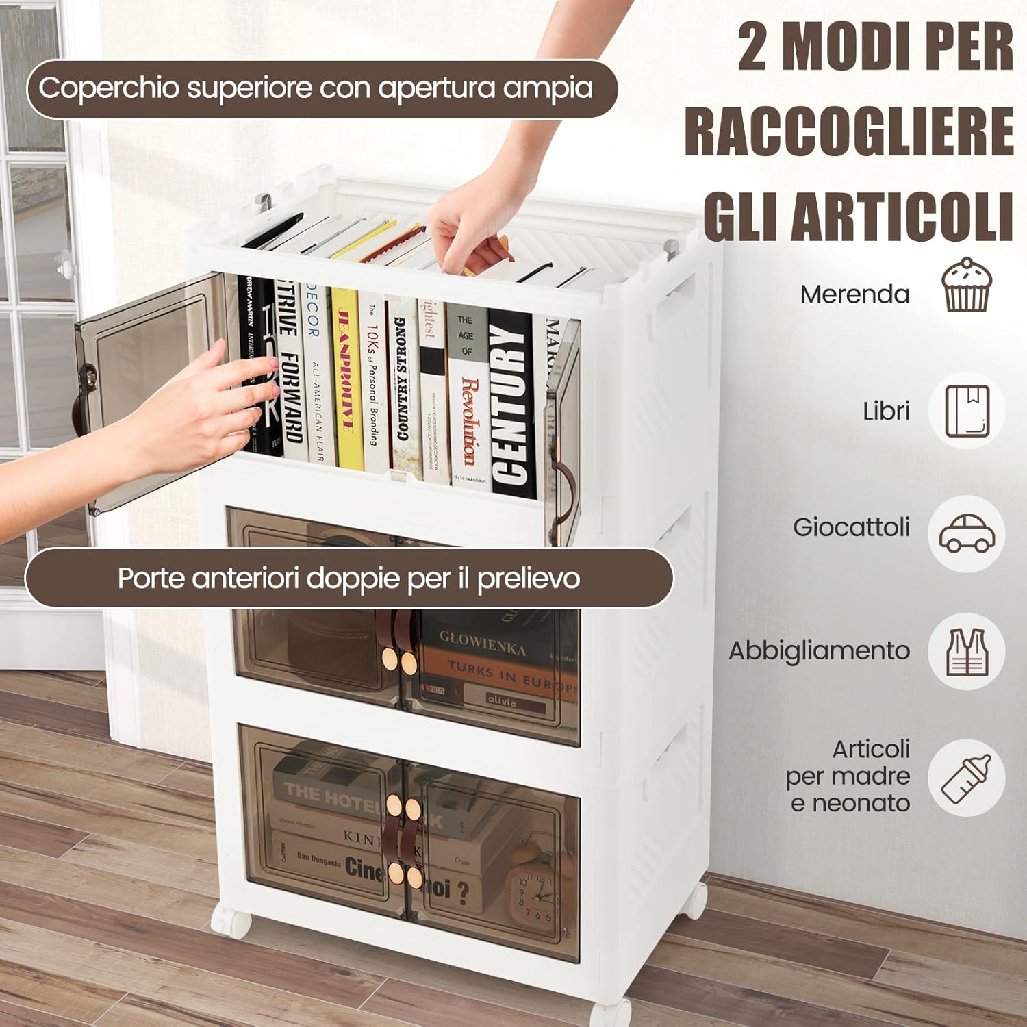 Set di Contenitori in PP, Contenitori Plastica con Coperchio, Scatola Portaoggetti Pieghevoli con Ruote, per Soggiorno, Camera da Letto, Cucina (L-Set di 3)