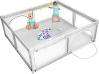 Box per Bambini, Centro Attivit¨¤ Portatile con Cancelli di Sicurezza, con Ventose Antiscivolo, Pareti a Rete Traspirante e 4 Anelli per Bambini, con 50 Palline, 206 x 185,5 x 68CM (grigio)
