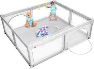 Box per Bambini, Centro Attivit¨¤ Portatile con Cancelli di Sicurezza, con Ventose Antiscivolo, Pareti a Rete Traspirante e 4 Anelli per Bambini, con 50 Palline, 206 x 185,5 x 68CM (grigio)