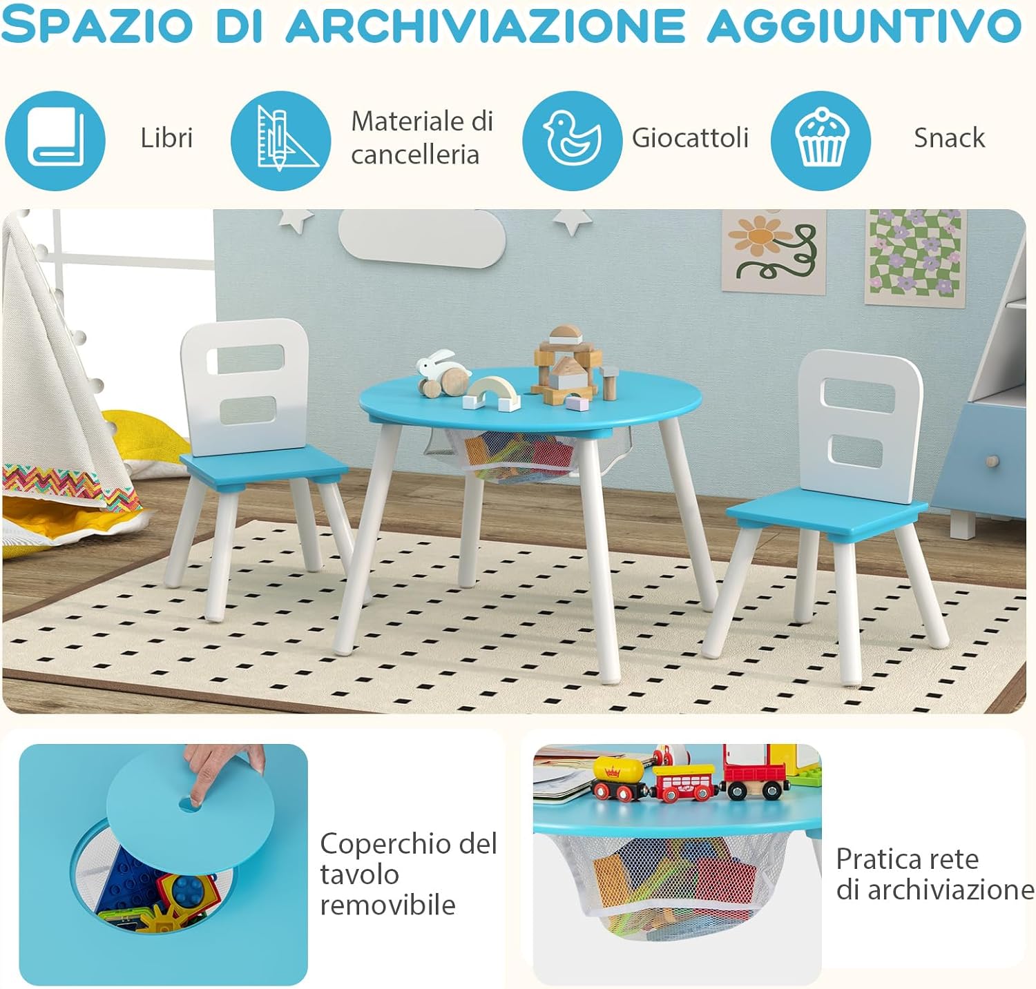 Set Tavolino Bambini con 2 Sedie, Set Tavolo e 2 Sedie Montessori con Borsa a Rete e Schienale Ergonomico, Mobile per Cameretta per Bambini di 3-7 anni