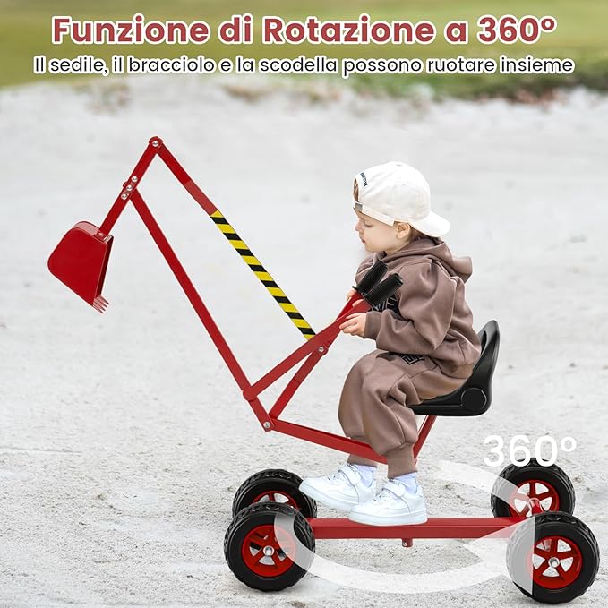Escavatore Giocattolo, Ruspa Cavalcabile per Bambini con Comandi a 2 Mani e Pala Flessibile, Sedile Rotante 360°, 4 Ruote, per Bambini 3 Anni+ (con Ruote Rosso)