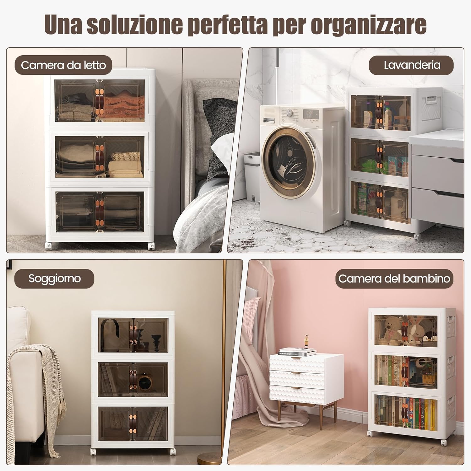 Set di Contenitori in PP, Contenitori Plastica con Coperchio, Scatola Portaoggetti Pieghevoli con Ruote, per Soggiorno, Camera da Letto, Cucina (L-Set di 3)