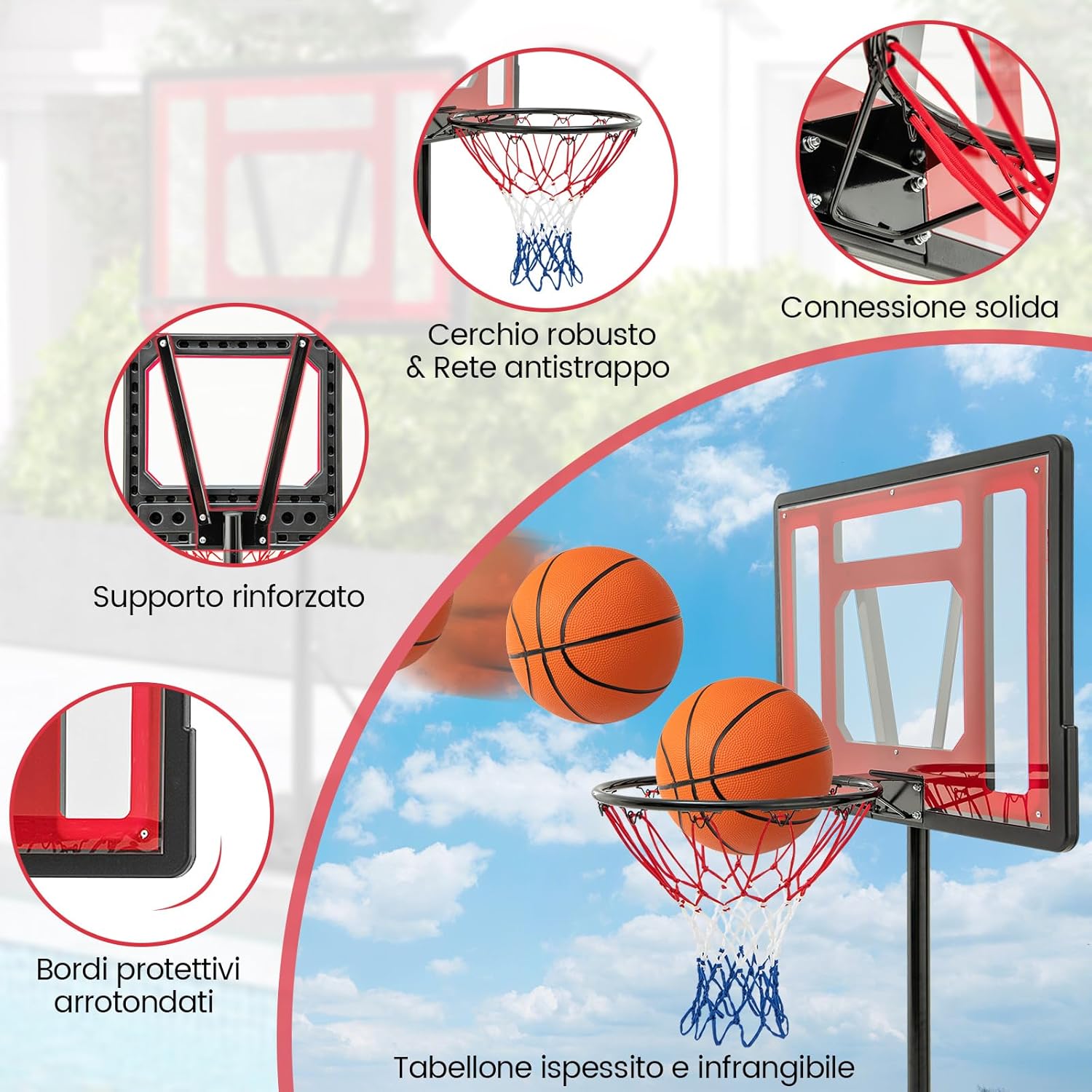 Canestro da Basket per Piscina, Regolabile in Altezza da 115-135 CM per Bambini e Adolescenti, Supporto da Basket Portatile con Ruote per Piscina e Interno