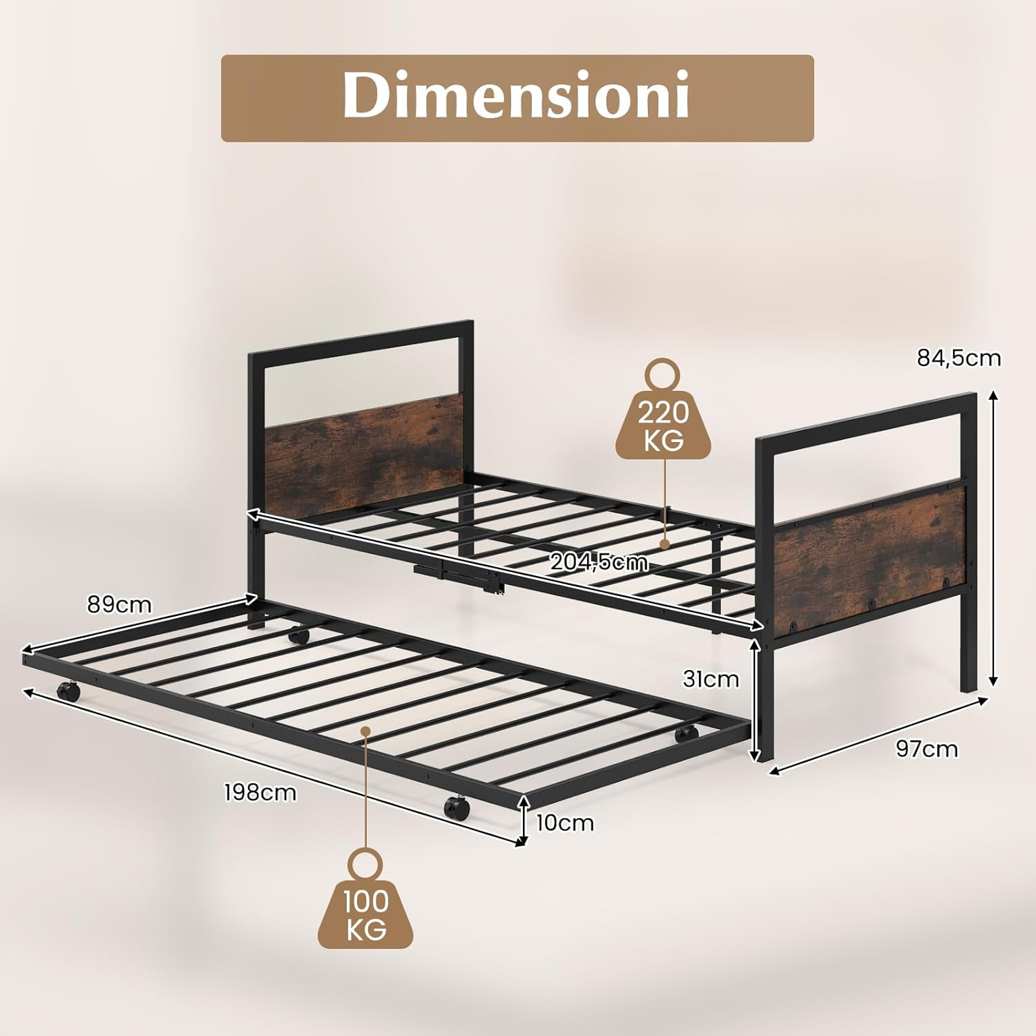 Letto Singolo 90 x 200 cm, Struttura Letto Estraibile con Ruote Testiera e Pediera, Gambe Pieghevoli e Supporto a Doghe in Metallo, Telaio da Letto Silenzio, Carico 220 kg