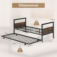 Letto Singolo 90 x 200 cm, Struttura Letto Estraibile con Ruote Testiera e Pediera, Gambe Pieghevoli e Supporto a Doghe in Metallo, Telaio da Letto Silenzio, Carico 220 kg