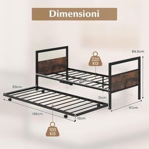 Letto Singolo 90 x 200 cm, Struttura Letto Estraibile con Ruote Testiera e Pediera, Gambe Pieghevoli e Supporto a Doghe in Metallo, Telaio da Letto Silenzio, Carico 220 kg