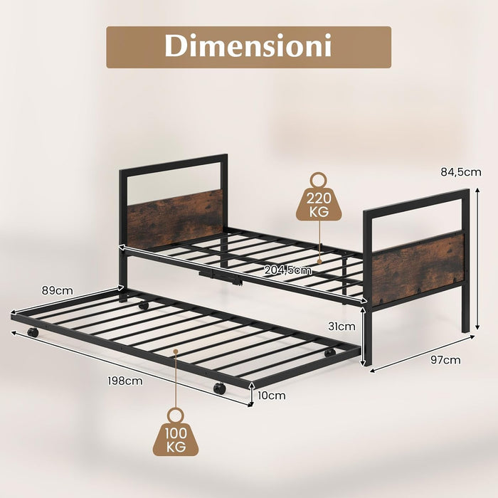 Letto Singolo 90 x 200 cm, Struttura Letto Estraibile con Ruote Testiera e Pediera, Gambe Pieghevoli e Supporto a Doghe in Metallo, Telaio da Letto Silenzio, Carico 220 kg