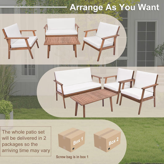 Set Salotto da Giardino 4 Pezzi Legno di Acacia, Arredi Esterni con Tavolino per Patio, Terrazza, Balcone, Grigio/Bianco (Bianco)