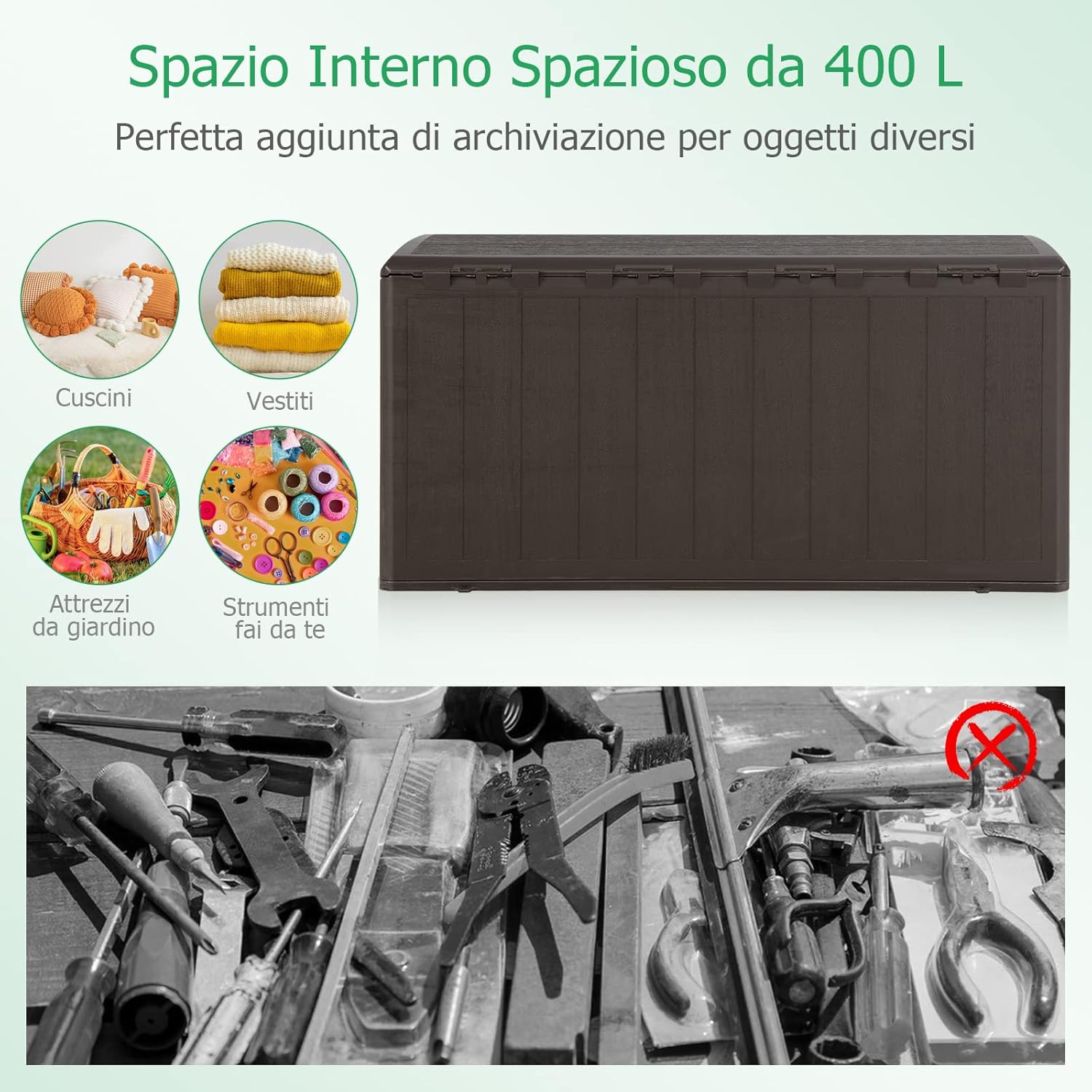 Baule da Giardino 400L, Panca Contenitore in Plastica con Coperchio e Maniglia, per Interni e Esterni, 127,5 x 64 x 64cm (Modello 2)