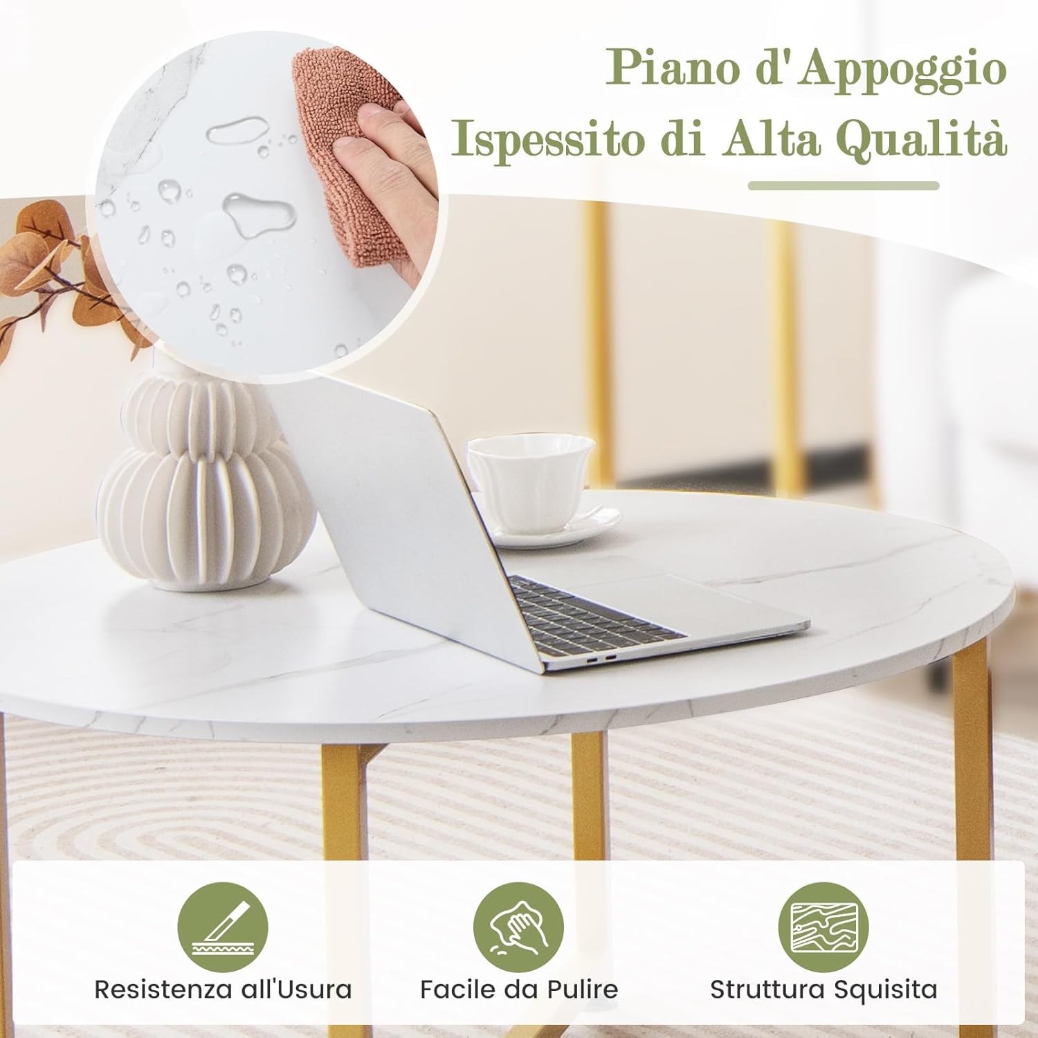 Set di Tavolini da Caffè 3 Pezzi, Tavolino Rotondo e 2 Tavolini Quadrati con Struttura Metallica Robusta, Set di Tavoli da Salotto Moderni 3 Pezzi (Bianco)