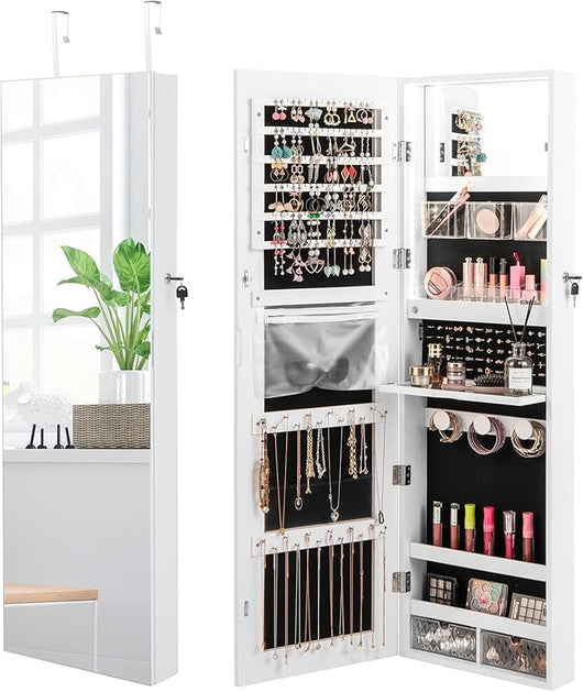 Armadietto Portagioie con Luci LED a 3 Colori, Specchio a Figura Intera, Specchio Portagioie da Parete e Porta con Specchietto Interno e Chiusura (Bianca)