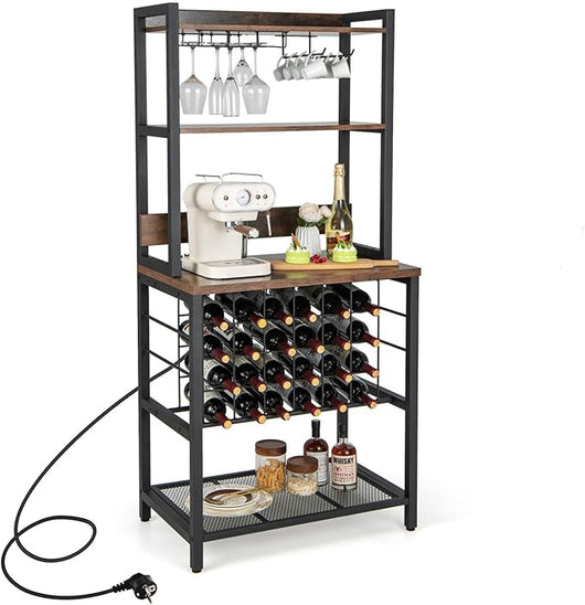 Mobile Bar Vino, Portabottiglie Industriale con 4 Ripiani, Porta Calici, Porte USB e Prese, con Struttura in Metallo Robusto, 75,5 x 48 x 163 cm