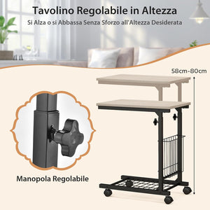 Tavolino da Salotto Moderno, Tavolino Basso Regolabile in Altezza con Ruote e Cestino Portaoggetti, Tavolino Porta PC a Forma di C da Divano e Letto per Soggiorno e Camera da Letto (Naturale)