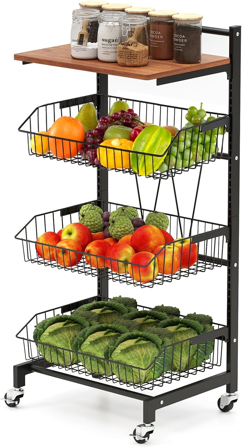 Carrello da Cucina con Ruote, Cestini Portaoggetti per Frutta e Verdura con Cestini Regolabili in Altezza e Rimovibili, Carrello Portafrutta a 4 Piani, Piano in Legno, 40x31x88 cm