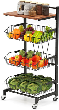 Carrello da Cucina con Ruote, Cestini Portaoggetti per Frutta e Verdura con Cestini Regolabili in Altezza e Rimovibili, Carrello Portafrutta a 4 Piani, Piano in Legno, 40x31x88 cm