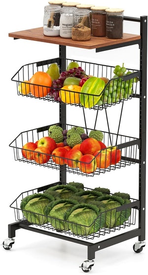 Carrello da Cucina con Ruote, Cestini Portaoggetti per Frutta e Verdura con Cestini Regolabili in Altezza e Rimovibili, Carrello Portafrutta a 4 Piani, Piano in Legno, 40x31x88 cm