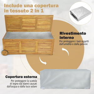 Baule da Esterno con Ruote 182 L, Contenitore da Giardino con Maniglia Laterale, Panca Contenitore in Legno, per Interni e Esterni, 127 x 50 x 45 cm