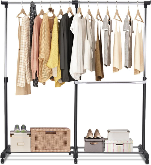 Stand Appendiabiti Attaccapanni da Terra, Porta Abiti con Ruote, in Acciaio, Design Regolabile e Salvaspazio, (91-160) x 43 x (93-168) cm, Nero