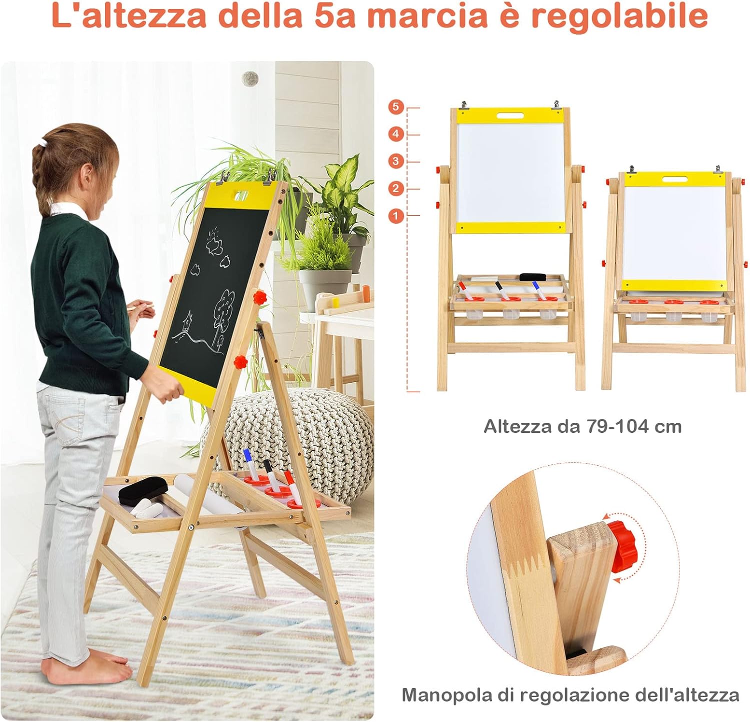 Cavalletto 3 in 1 Pieghevole per Bambini, Cavalletto Artistico di Legno con Altezza Regolabile, con Doppia Lavagna e Vassoio (Giallo)