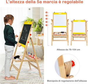 Cavalletto 3 in 1 Pieghevole per Bambini, Cavalletto Artistico di Legno con Altezza Regolabile, con Doppia Lavagna e Vassoio (Giallo)