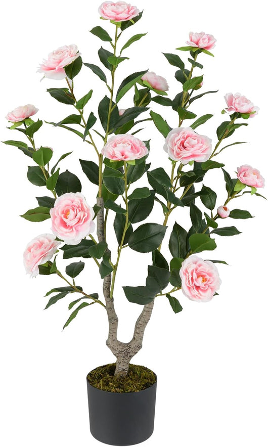 Albero di Camelia Artificiale 90 cm, Pianta Finta in Vaso con 16 Fiori Vivaci e 116 Foglie Vibranti, Pianta Decorativa per Soggiorno, Camera da Letto, Ufficio e Veranda (Rosa)