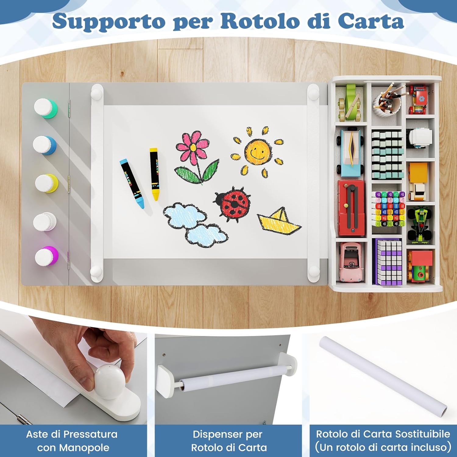 Set Tavolo e Sedie per Bambini con Rotolo di Carta, Tavolino per Cameretta con 2 Sedie, Piano Ribaltabile, Ripiani, 8 Bicchieri per Pittura, 2 Cassetti Nascosti e 2 Ceste di Tessuto (Grigio)