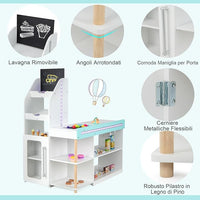 Set da Supermercato in Legno per Bambini, Gioco di Finta Spesa con Registratore di Cassa, Carrello della Spesa, Lavagna, Nastro Trasportatore, Mercato Interattivo con Contenitore e Luci LED