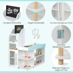 Set da Supermercato in Legno per Bambini, Gioco di Finta Spesa con Registratore di Cassa, Carrello della Spesa, Lavagna, Nastro Trasportatore, Mercato Interattivo con Contenitore e Luci LED