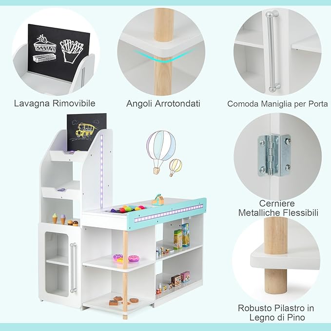 Set da Supermercato in Legno per Bambini, Gioco di Finta Spesa con Registratore di Cassa, Carrello della Spesa, Lavagna, Nastro Trasportatore, Mercato Interattivo con Contenitore e Luci LED