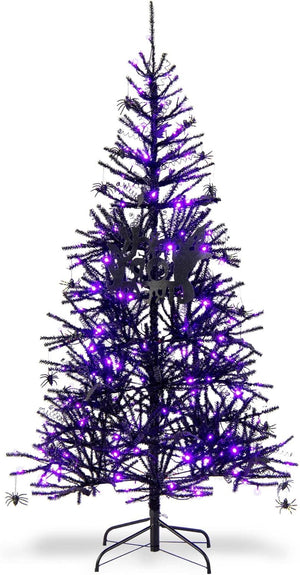 Albero di Natale Nero 183 cm, Albero di Natale Halloween con 791 Punte di Rami in PVC, 250 Luci LED e Ornamenti, Albero di Natale Artificiale con Luci per Casa, Ufficio e Scuola