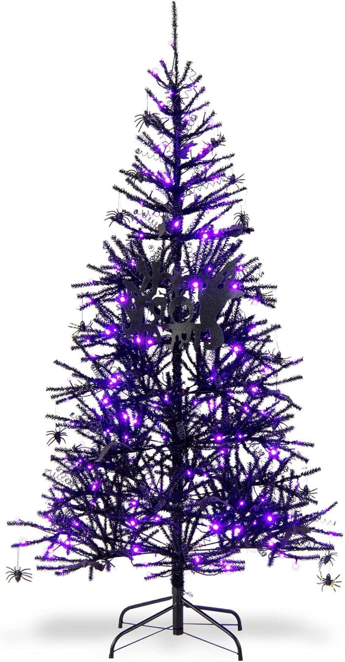 Albero di Natale Nero 183 cm, Albero di Natale Halloween con 791 Punte di Rami in PVC, 250 Luci LED e Ornamenti, Albero di Natale Artificiale con Luci per Casa, Ufficio e Scuola