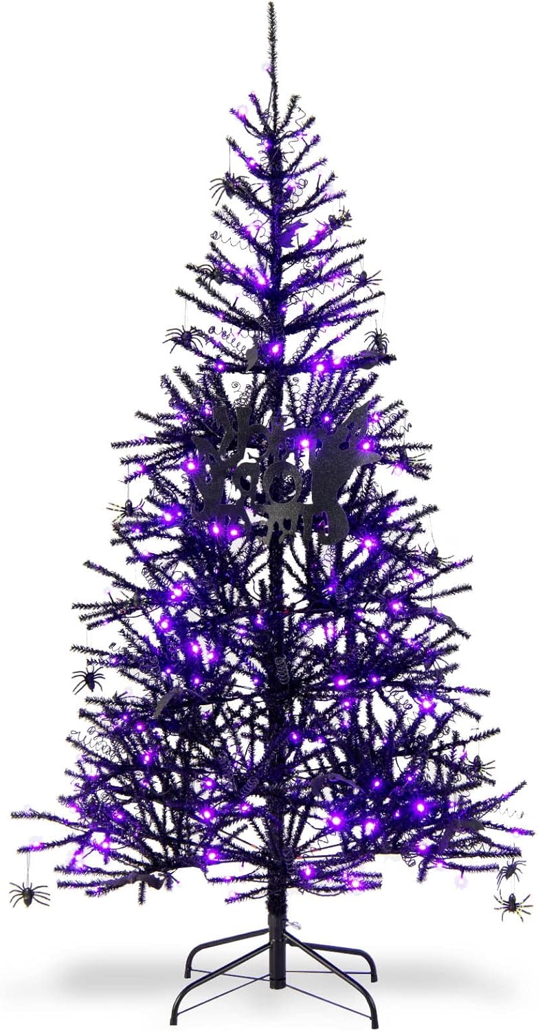 Albero di Natale Nero 183 cm, Albero di Natale Halloween con 791 Punte di Rami in PVC, 250 Luci LED e Ornamenti, Albero di Natale Artificiale con Luci per Casa, Ufficio e Scuola