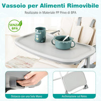 Seggiolone Pieghevole per Bambini, Portatile Regolabile con Poggiapiedi, Seggiolone con Vassoio Staccabile, Cuscino Sede in PU, Cintura di Sicurezzae Ruote Incorporate, Portata 15 kg (Beige)