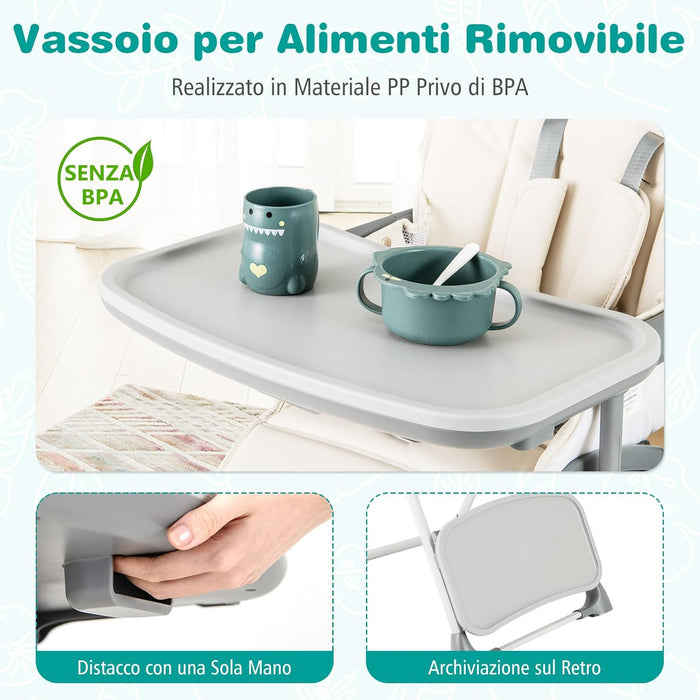 Seggiolone Pieghevole per Bambini, Portatile Regolabile con Poggiapiedi, Seggiolone con Vassoio Staccabile, Cuscino Sede in PU, Cintura di Sicurezzae Ruote Incorporate, Portata 15 kg (Beige)