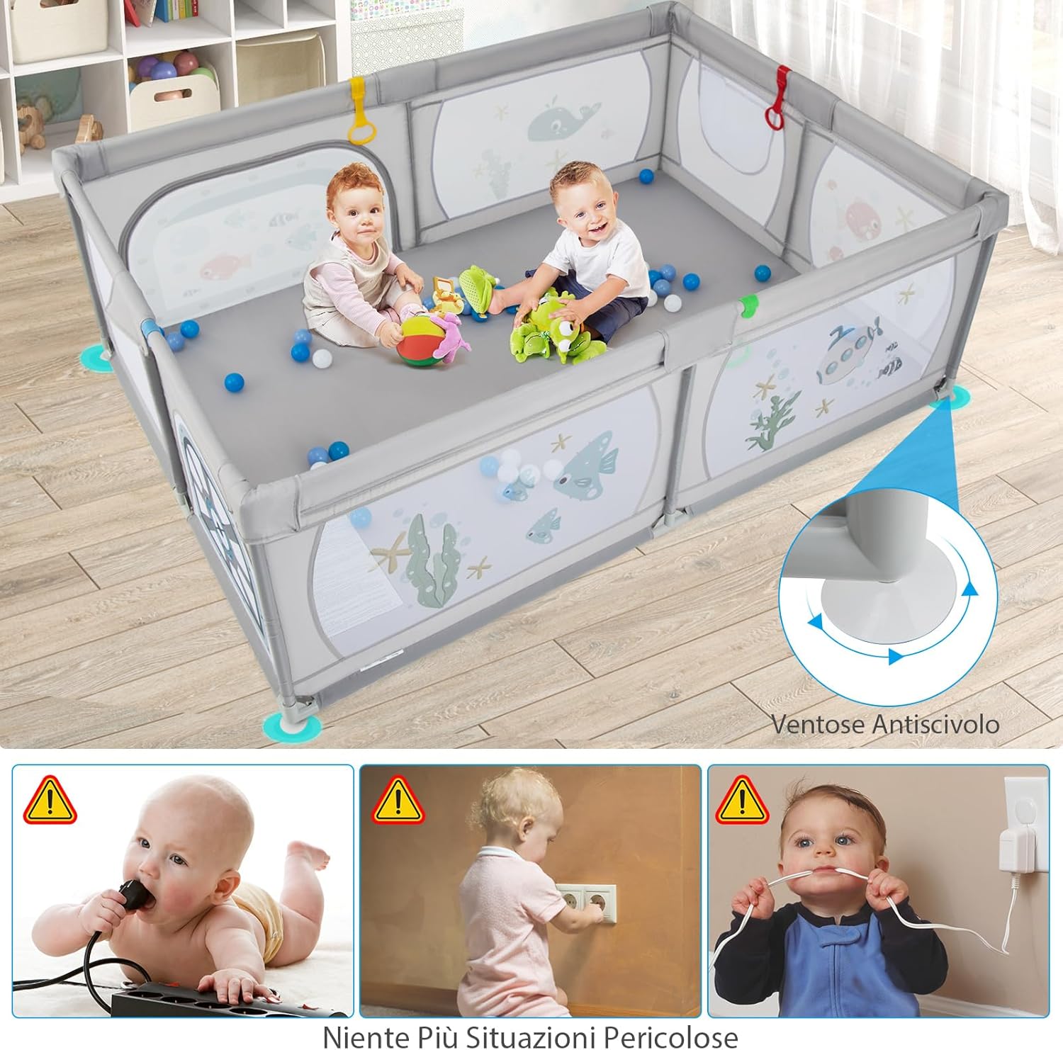 Recinto per Bambini, Box per Bambini con Rete Traspirante, Centro Attività per Bambini con 50 Palline, Box Giochi per Bambini 0-3 Anni (Mondo Sottomarino, 206 x 147 cm)