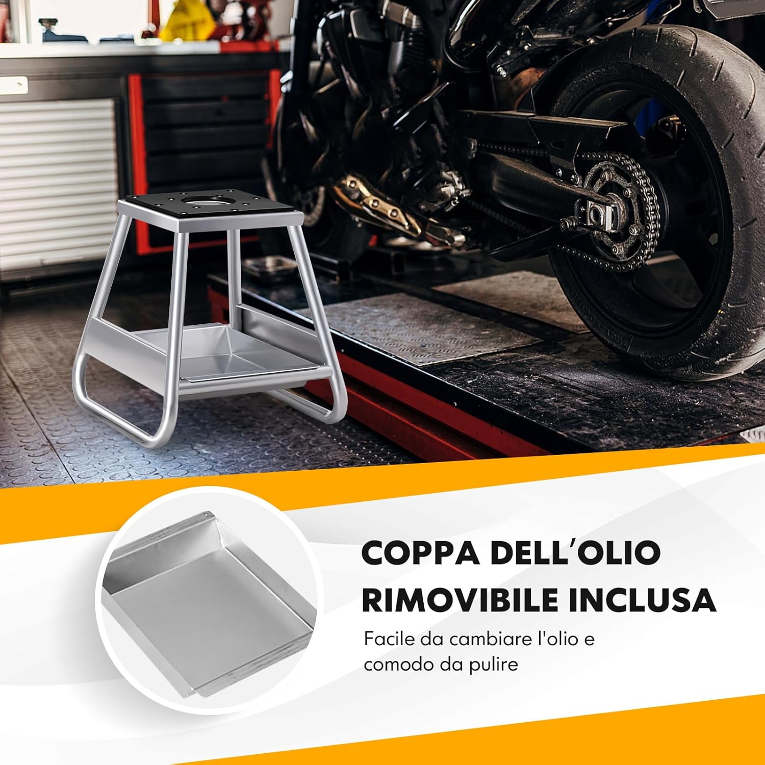 Cavalletto Sollevatore per Moto da Cross, Supporto per Moto Fuoristrada in Metallo con Superficie Antiscivolo, Vaschetta Olio Rimovibile, Portata 450 kg