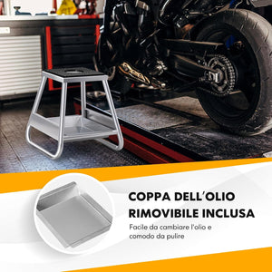 Cavalletto Sollevatore per Moto da Cross, Supporto per Moto Fuoristrada in Metallo con Superficie Antiscivolo, Vaschetta Olio Rimovibile, Portata 450 kg
