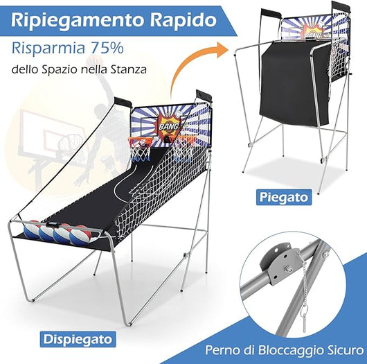 Macchina da Pallacanestro Elettronica, Canestro Basket da Camera a Doppio Tiro Pieghevole con Punteggio Elettronico, 4 Palle, 8 Modalità di Gioco e 2 Canestri (Blu e bianco)