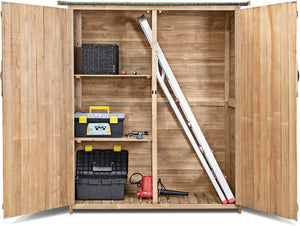 Capanno da Giardino, Ripostiglio da Esterno con 2 Porte e Ripiani, Casetta Porta Attrezzi in Legno con Serratura, 140 x 50 x 162 cm