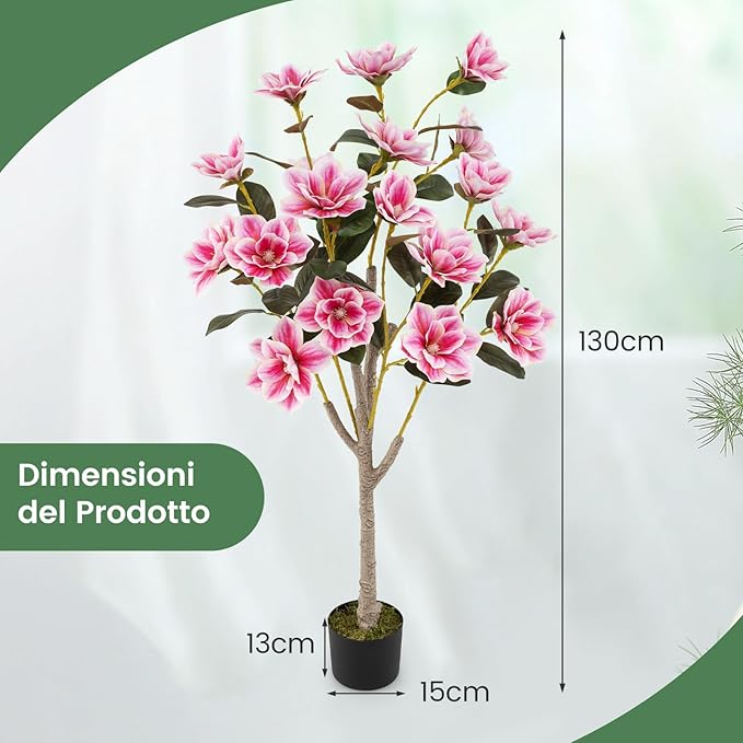 Albero di Magnolia Artificiale 130 cm, Pianta Finta con Foglie in PEVA, Tronchi Multi-ramo, Muschio Realistico, Pianta Finta in Vaso da Interno per Ristorante, Salotto e Ufficio